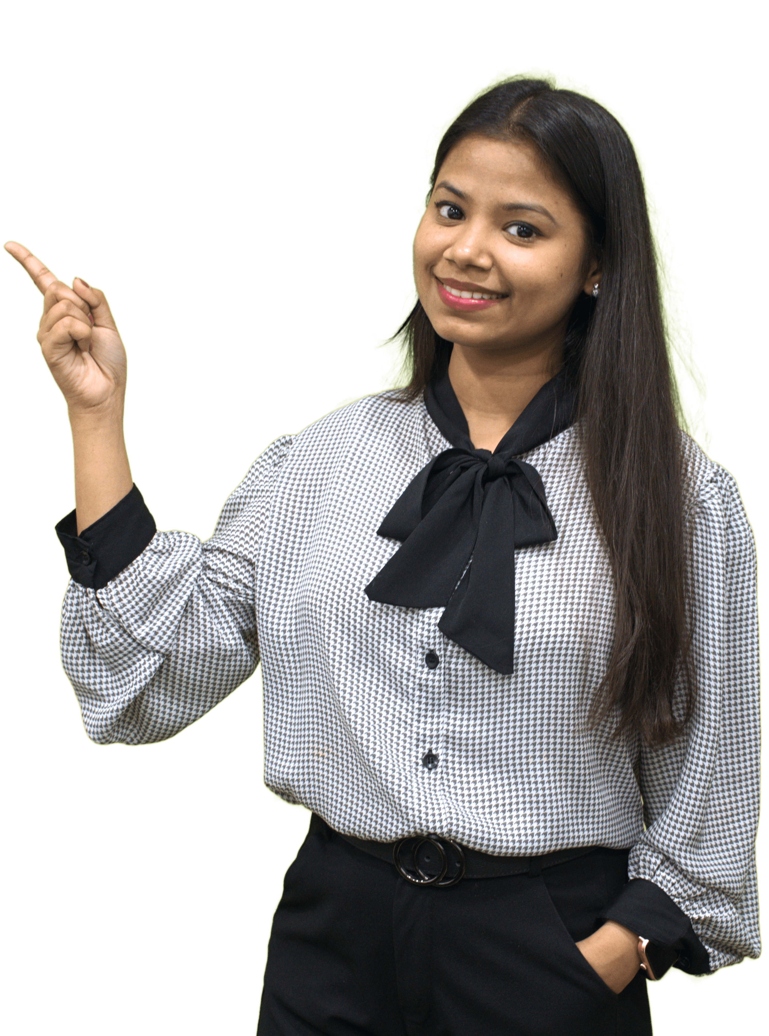 Professional woman aiming towards left direction